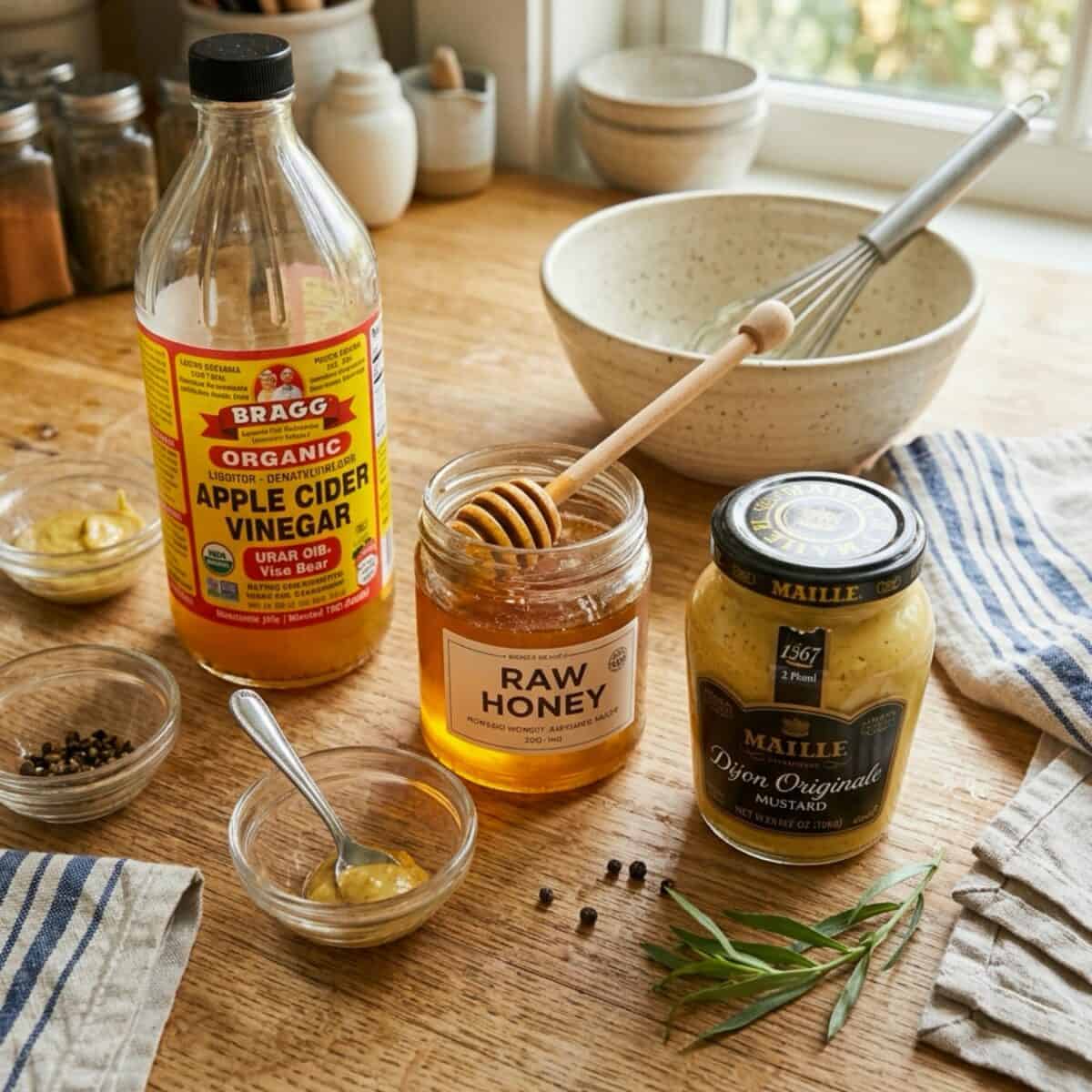 Bottle of apple cider vinegar, jar of Dijon mustard, jar of raw honey on wood table with mixing bowl and whisk in the background.