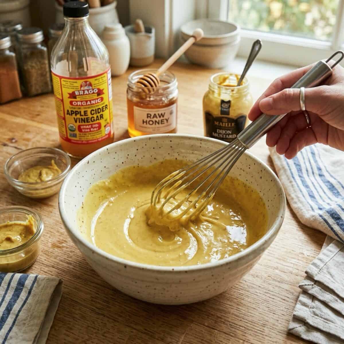Whisking honey mustard dressing in a mixing bowl with bottle of apple cider vinegar, honey and jar of Dijon mustard in the background.