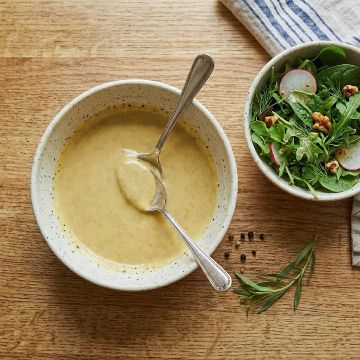 Honey mustard dressing in a bowl with spoons and a mixed green salad alongside.