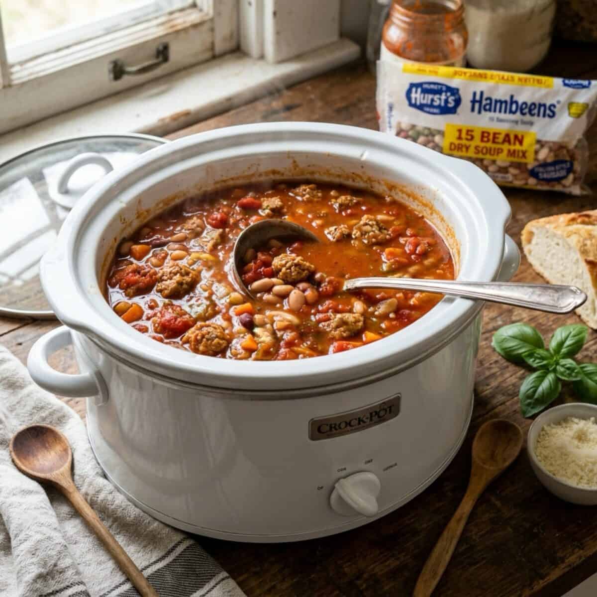 Italian Style Bean Soup in white crock pot with serving ladle on wooden table with fresh basil, crusty bread and package of Hurst's Hambeen's 15 Bean Dry Soup Mix alongside.