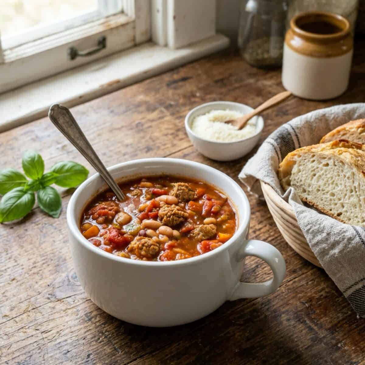 Slow cooker Italian style bean soup in white mug with spoon, small bowl of grated Parmesan and basket of crusty bread alongside.