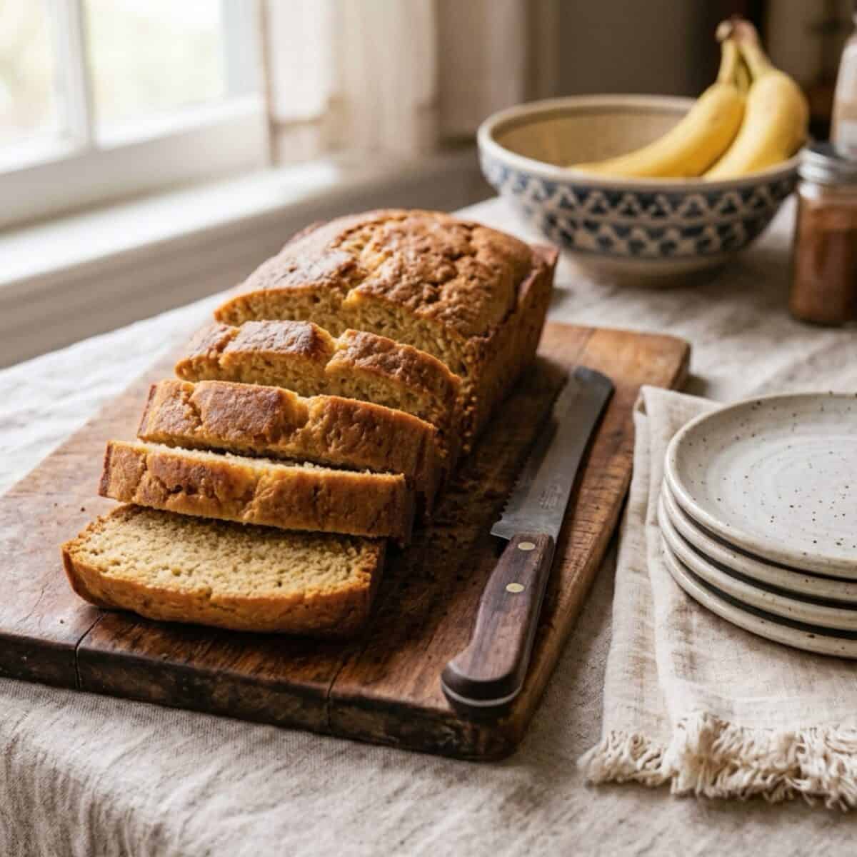 Banana Gingerbread Loaf sliced on wood cutting board with bread knife and bowl of bananas in the background.
