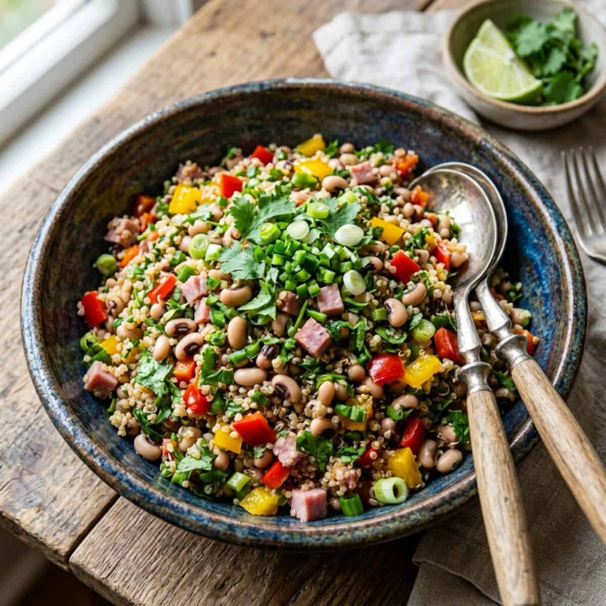 Hoppin' John Salad with ham, quinoa and black-eyed peas in blue pottery bowl with two serving spoons.