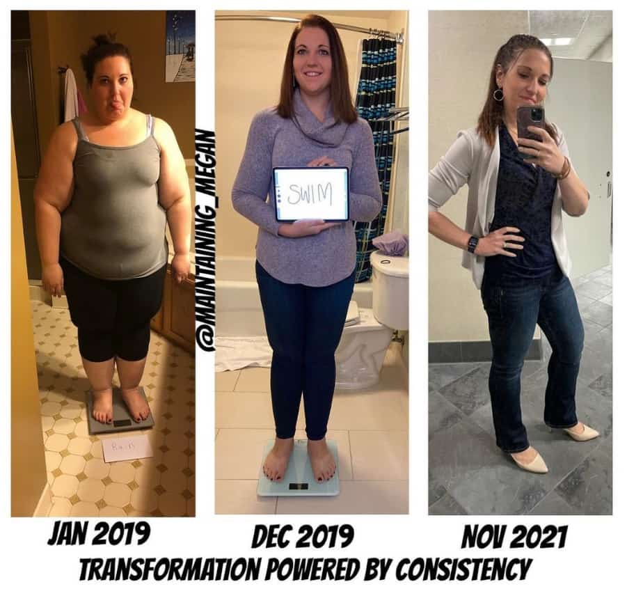 Megan C. weight loss transformation in three images from January 2019, December 2019 and November 2021.