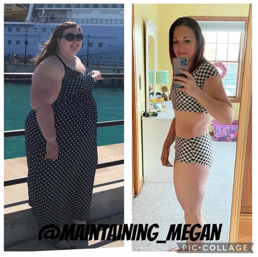 Megan C. before weight loss in a dress and after in a bathing suit.