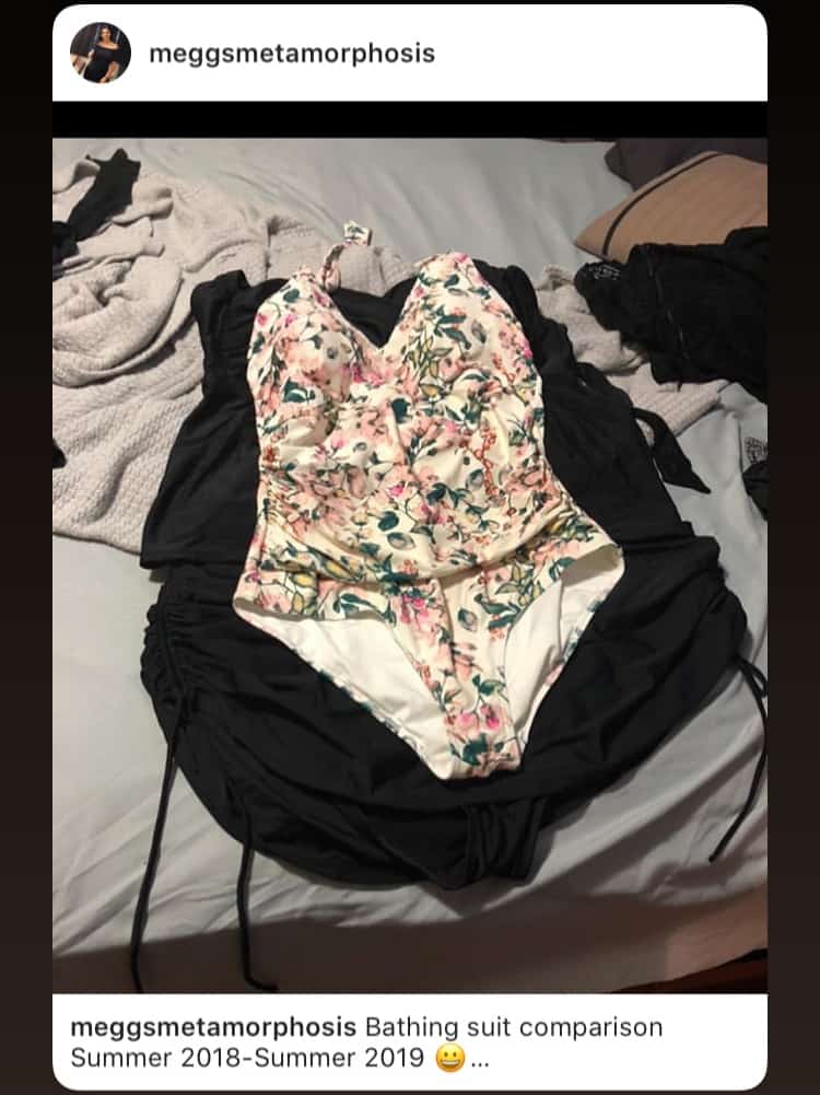 Megan F. bathing suit comparison before and after weight loss.