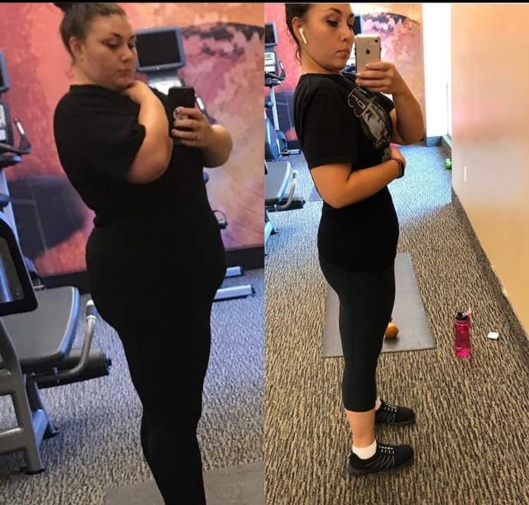Megan F. in gym before and after weight loss success.