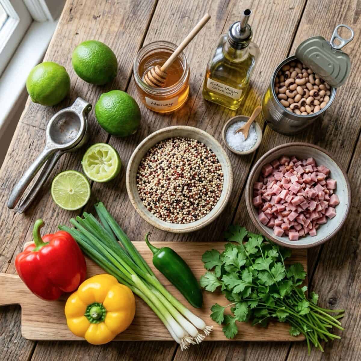 Ingredients including limes, honey, olive oil, chopped ham, uncooked quinoa, red bell pepper, yellow bell pepper, scallions, jalapeño pepper and bunch of fresh cilantro.