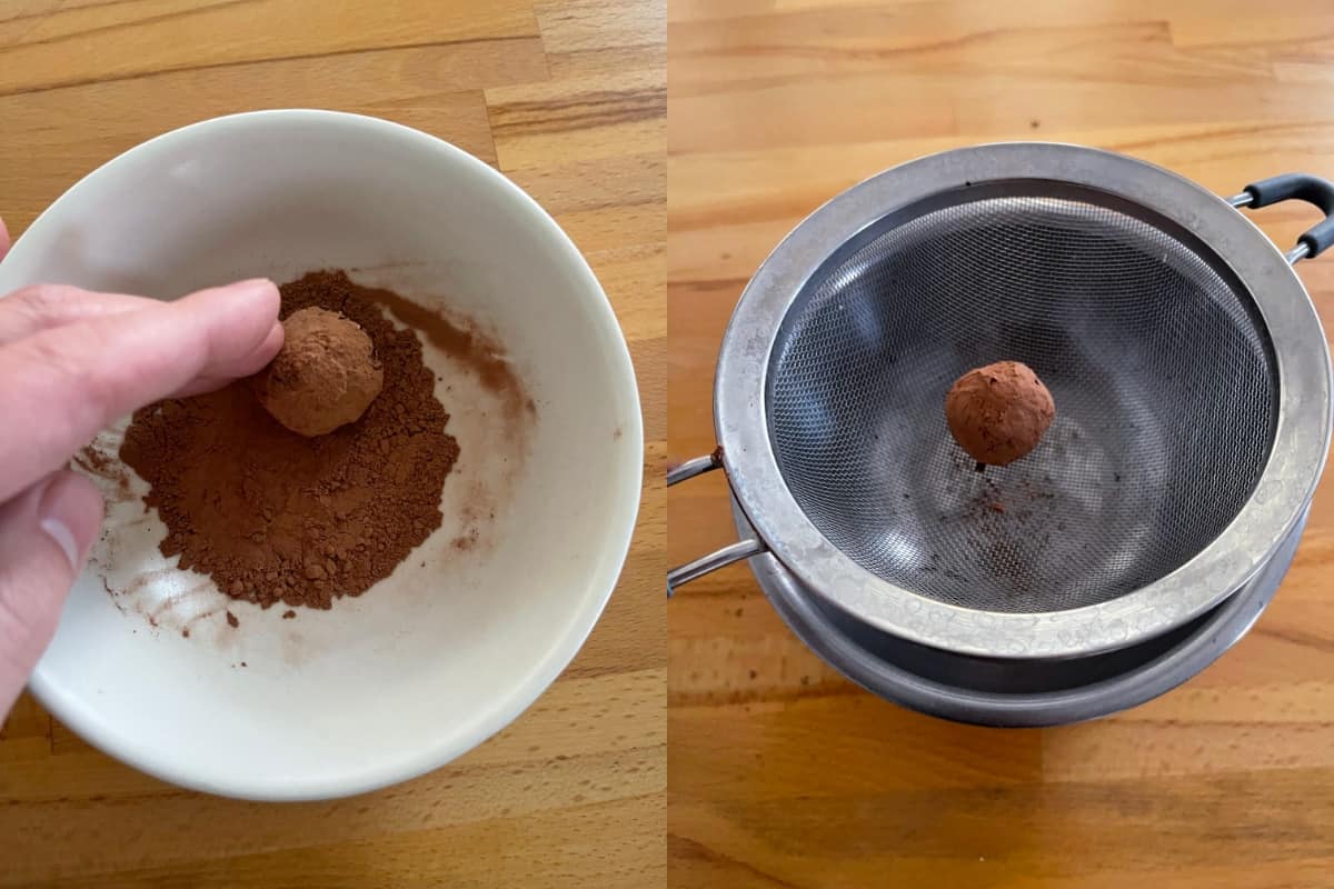 Rolling rum balls in cocoa powder and removing excess cocoa by shaking balls in sieve.
