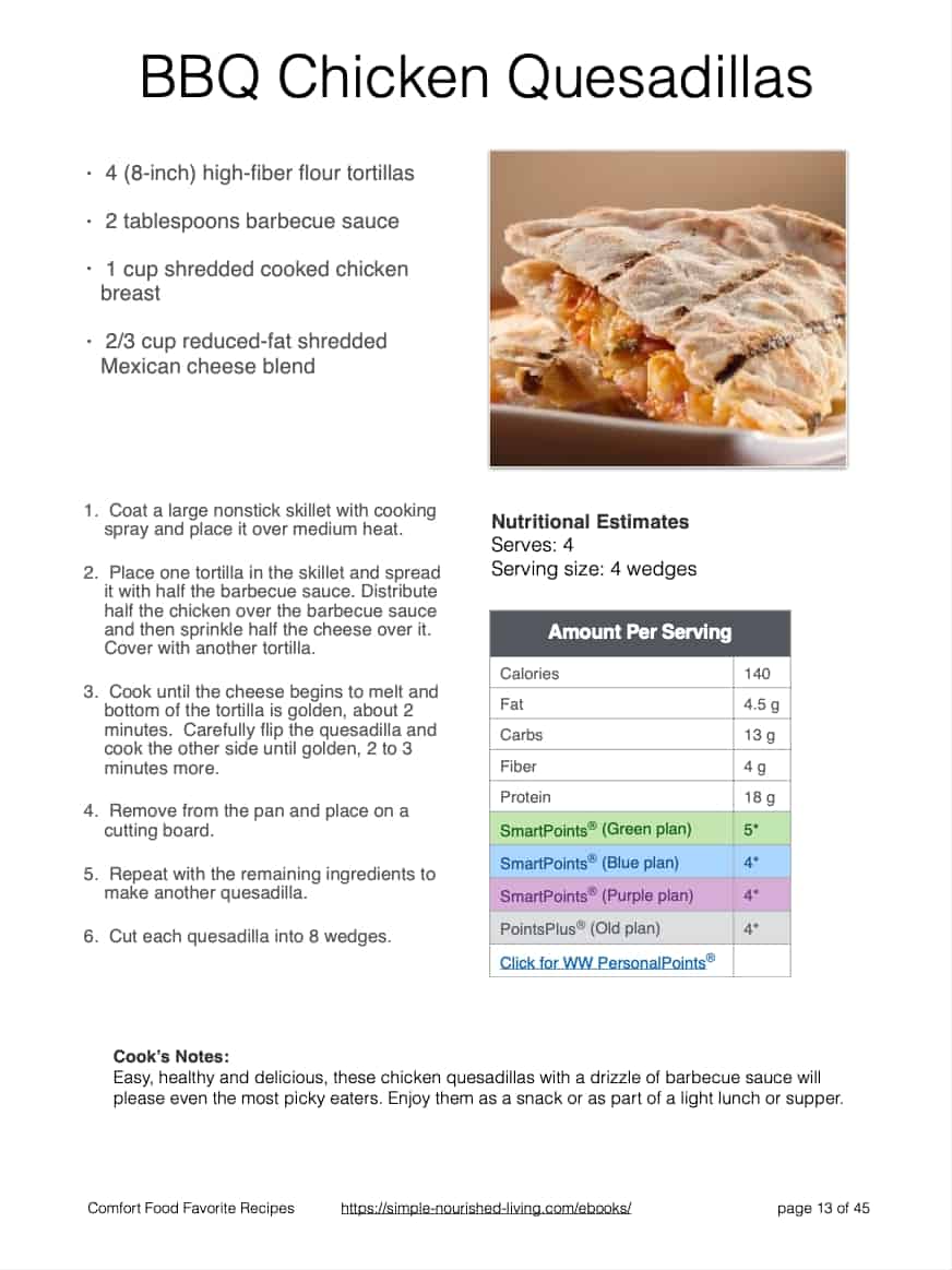 Comfort Food Favorites BBQ Chicken Quesadilla - Sample Recipe Page