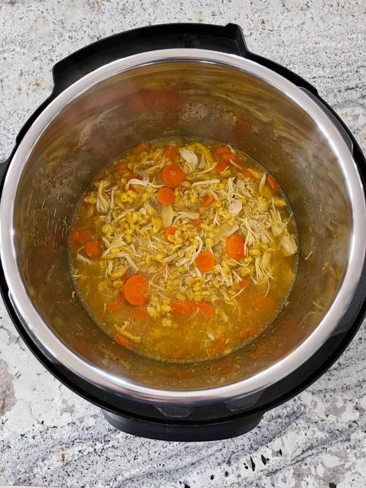 Fresh cooked barley chicken stew in InstantPot.
