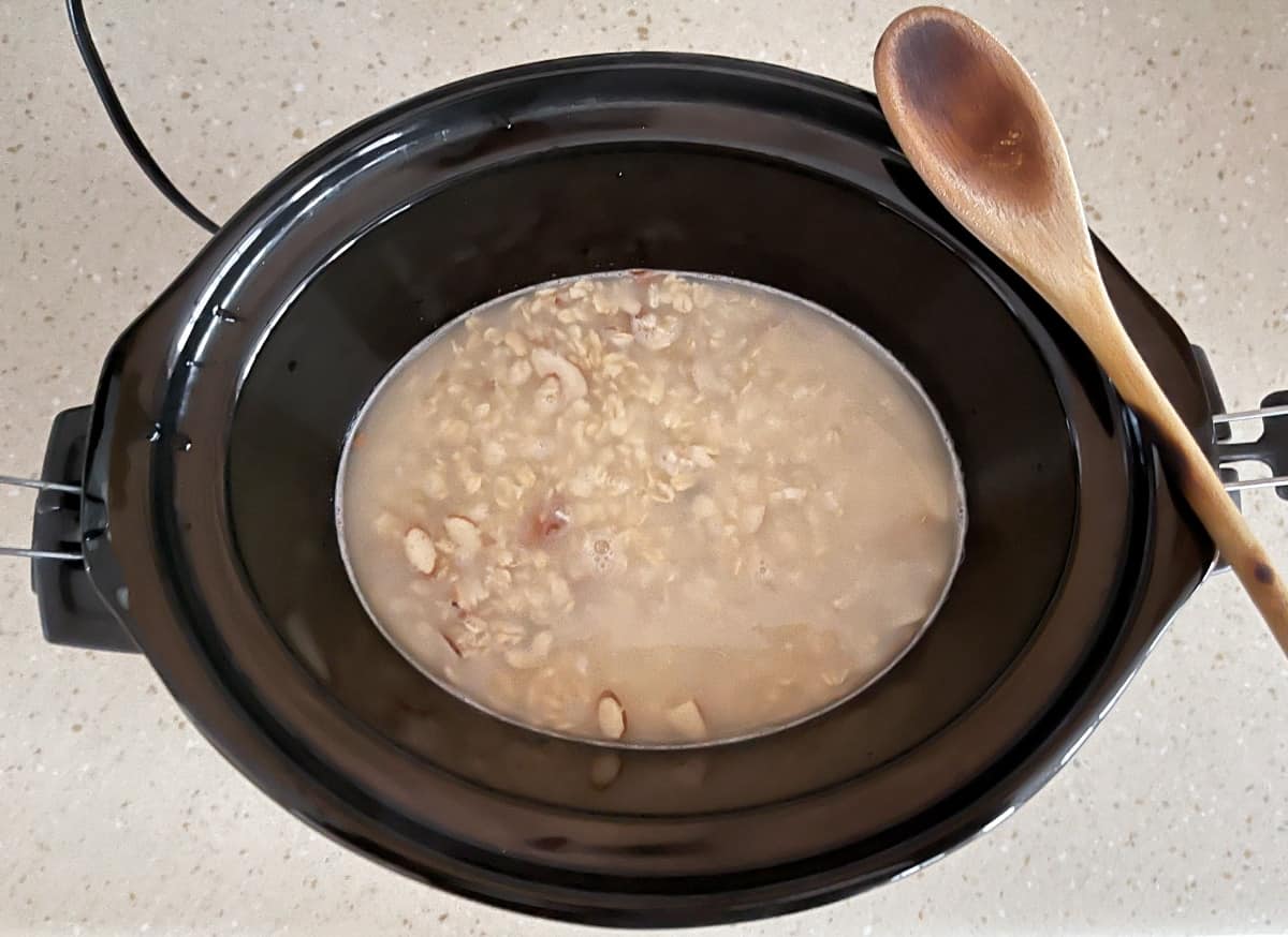 Uncooked almond date oatmeal in slow cooker with wooden spoon.