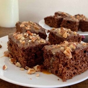 chunks of 4 ingredient turtle cake on white plate from the front