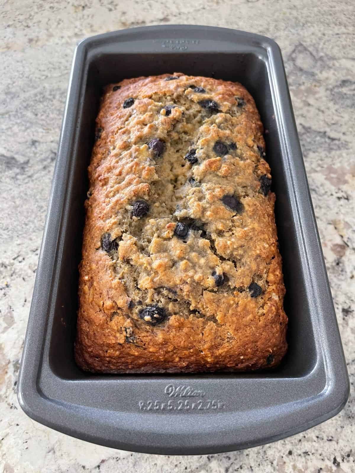 Fresh baked blueberry banana bread in loaf pan.