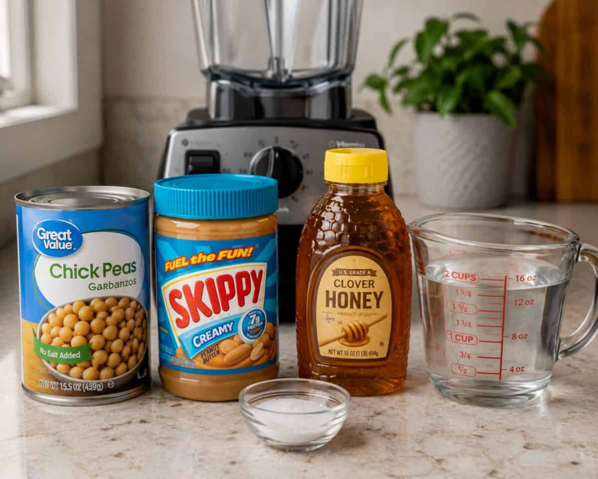 Ingredients including a can of chickpeas, Skippy peanut butter, honey, hot water in a measuring cup and salt with a blender in the background.