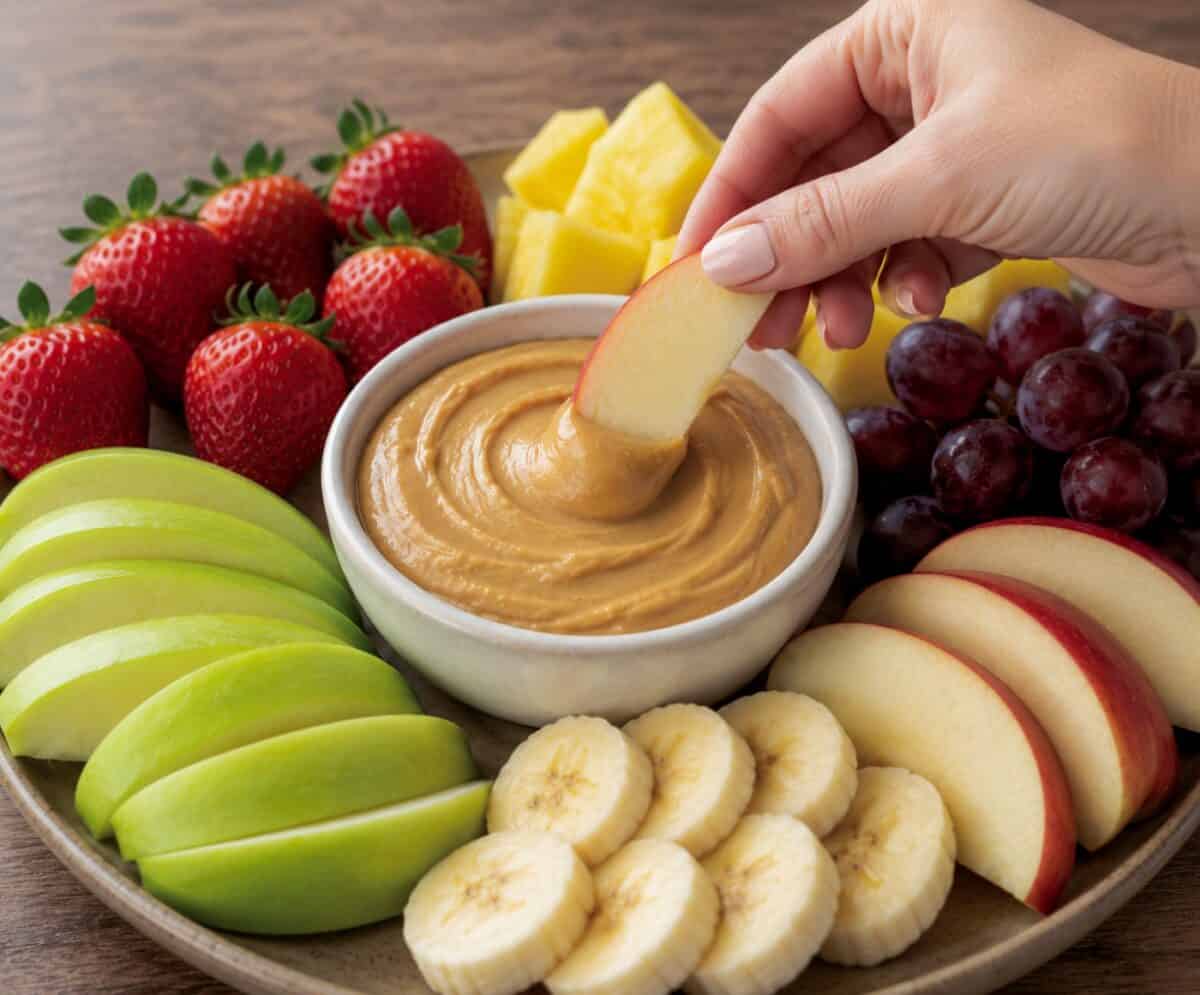 Creamy Peanut Butter Dip in a white bowl on a platter of fresh fruit with strawberries, apples, banana, grapes and pineapple.