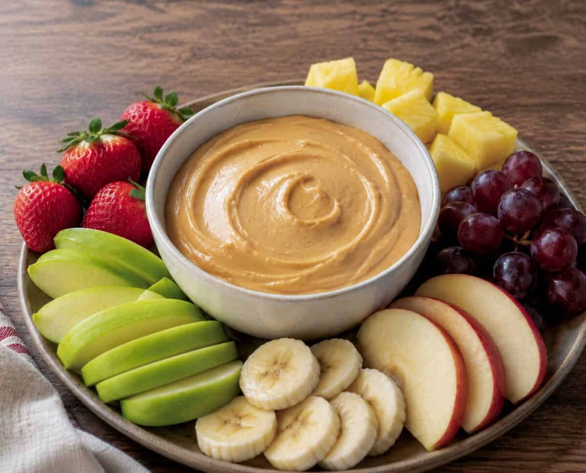 Creamy Peanut Butter Dip in a white bowl on a fruit platter with fresh strawberries, apple slices, banana, pineapple chunks and grapes.