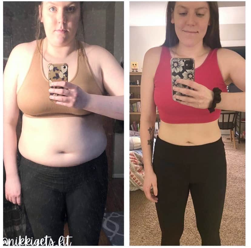 Nikki in workout clothes before and after weight loss comparison