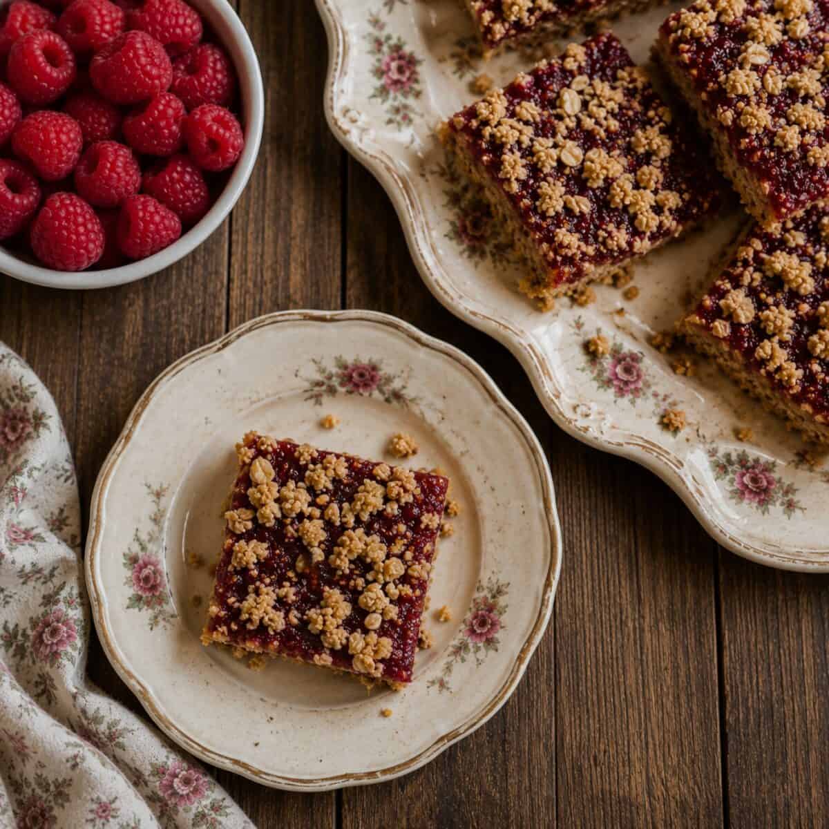 Raspberry Oat Bar on a small plate alongside a platter of Raspberry Oat Bars with a bowl of fresh raspberries.
