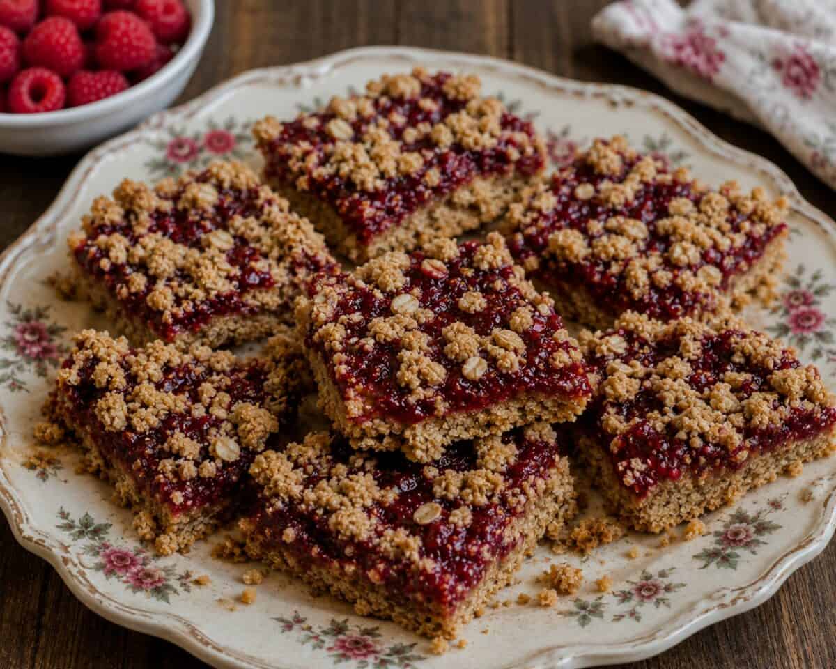 Raspberry Oat Bars on a flowery serving platter with a bowl a fresh raspberries behind.