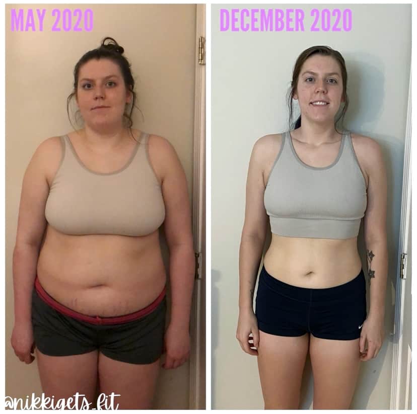 Nikki Gets Fit weight loss before (May 2020) and after (December 2020) comparison