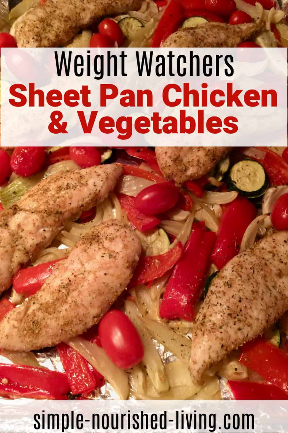 close up of chicken tenders, onions, fennel, red bell pepper slices, zucchini slices on a sheet pan.