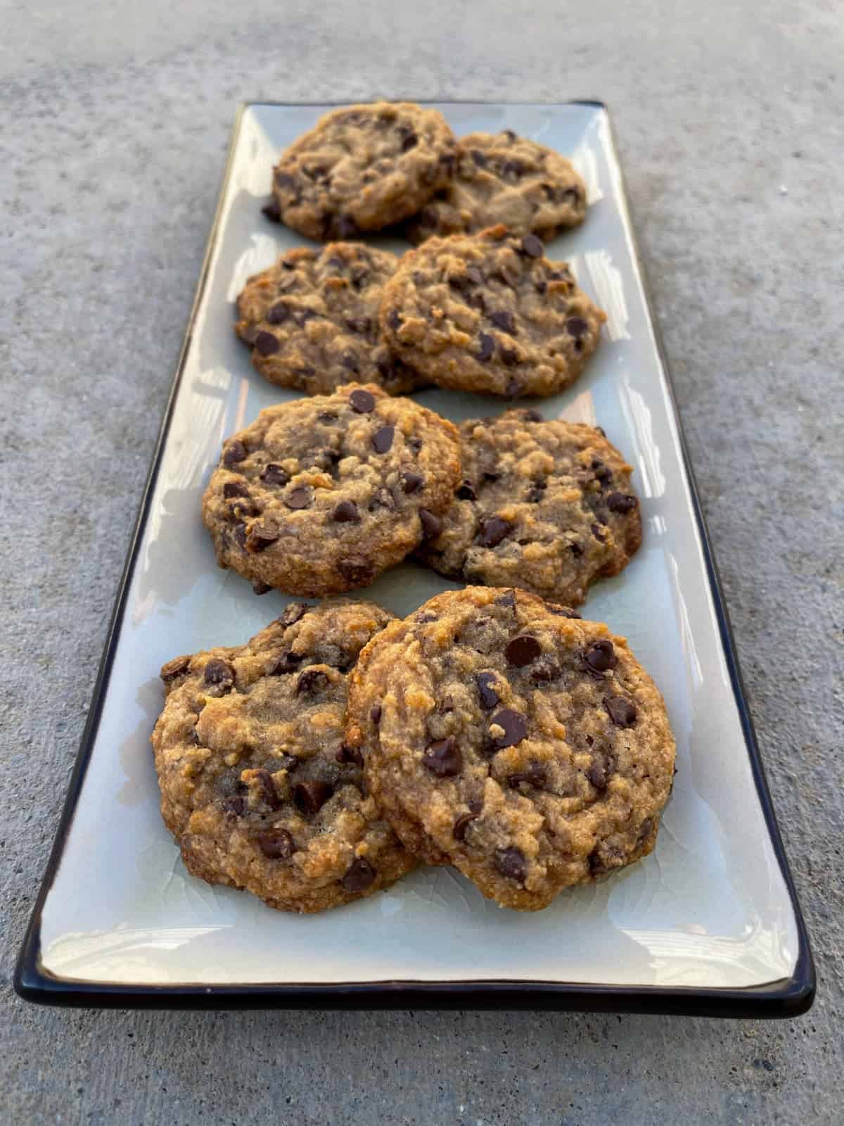 Tablespoon chocolate chip cookies on serving platter.