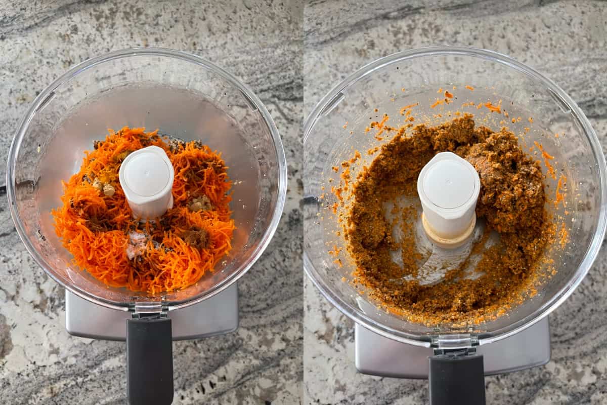 Collage showing unprocessed and processed carrot cake energy bites ingredients in food processor.