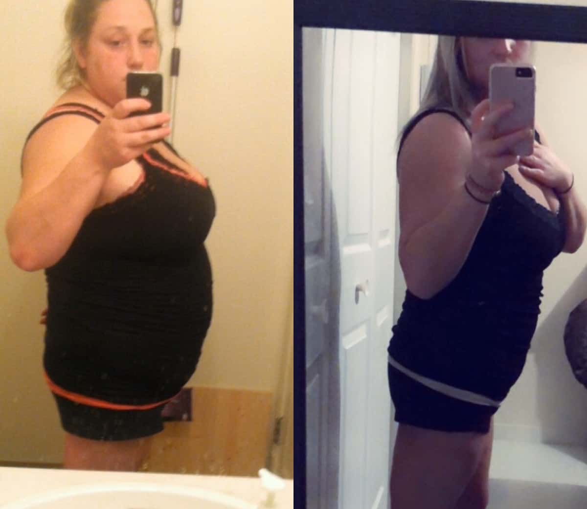 Elise M. selfie showing weight loss before and after.