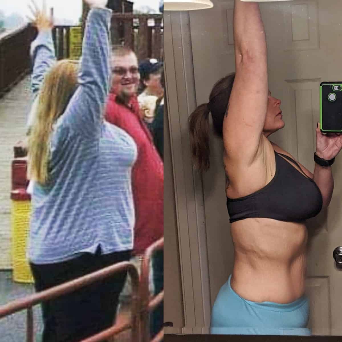 Stephanie C. before after weight loss with arms raised.