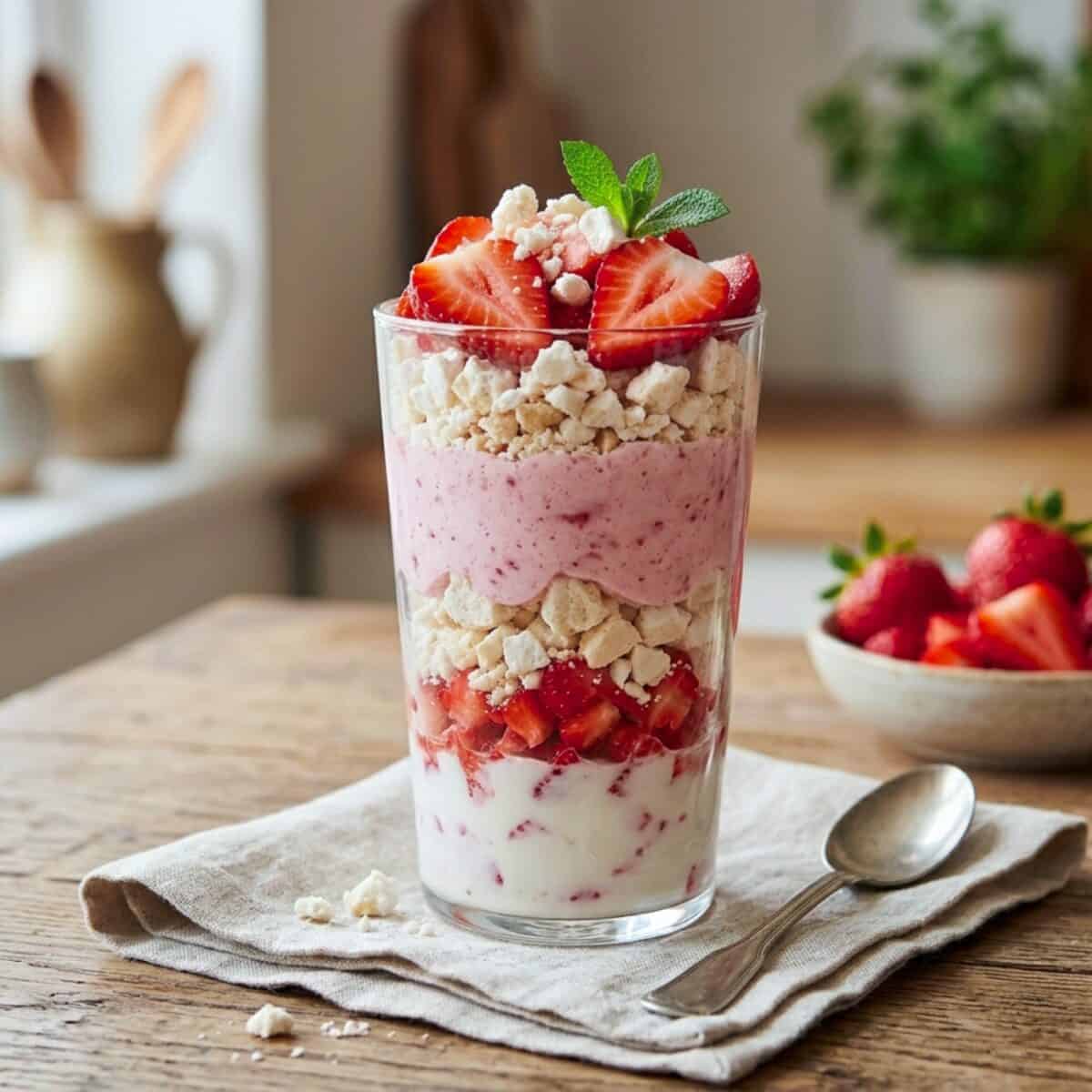 Strawberry meringue mousse in tall dessert glass with spoon and linen napkin and bowl of fresh strawberries in the background.