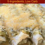 Easy WW Friendly Chicken Enchiladas in White Ceramic Dish with Text Box for Pinterest Pin