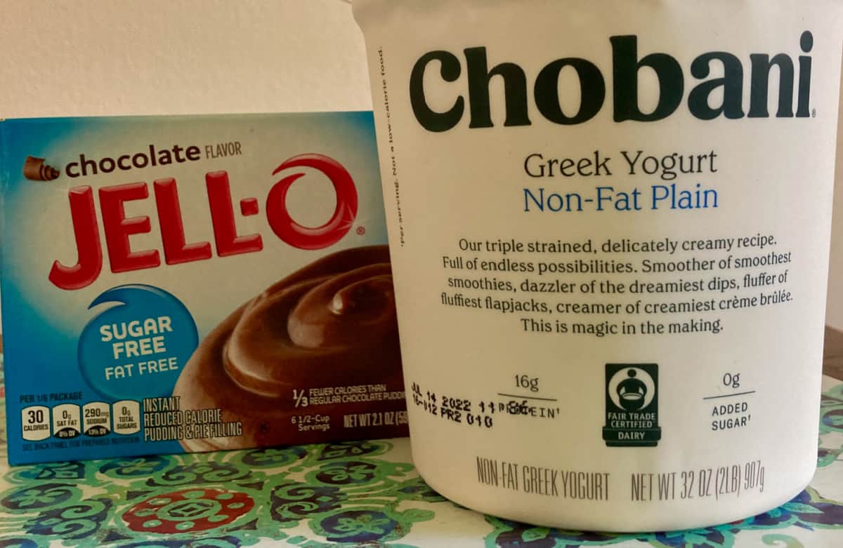 Two ingredients, container of non-fat plain Greek yogurt and sugar free chocolate Jello.