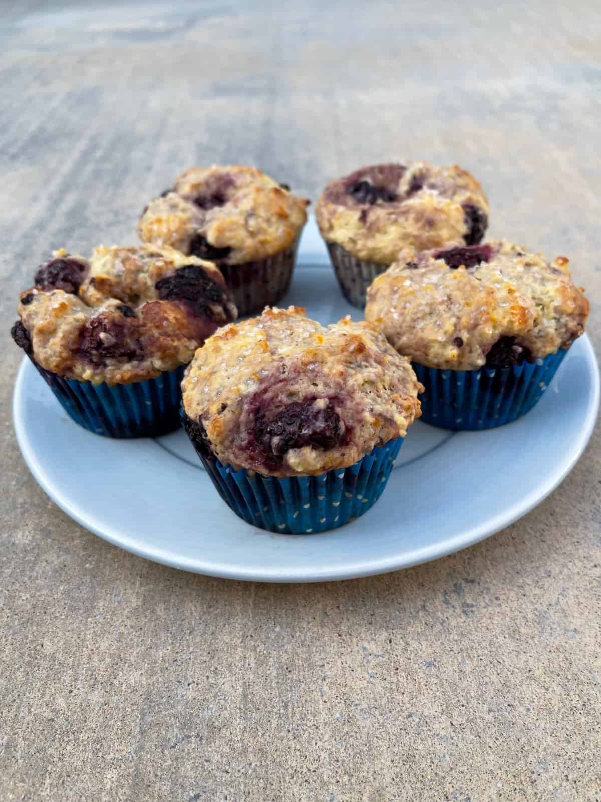 Blackberry muffins on small blue plate.
