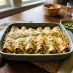 easy 5-ingredient chicken enchiladas verde baked in pottery casserole dish
