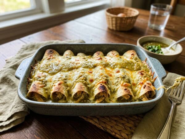 easy 5-ingredient chicken enchiladas verde baked in pottery casserole dish