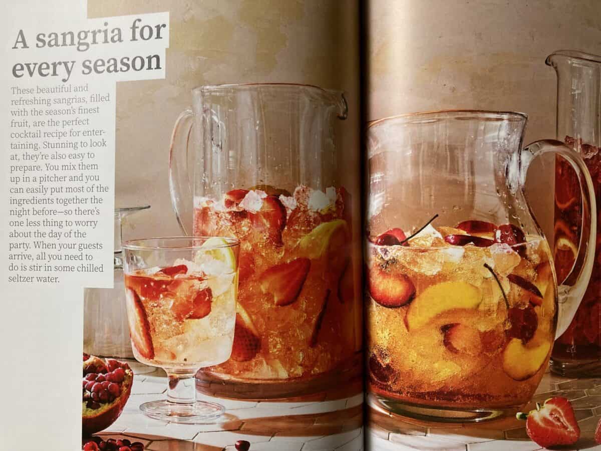 Cookbook photo of sangria in glass pitchers.