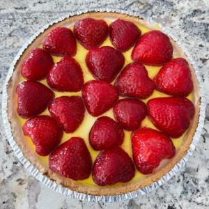 no bake strawberry lemon pie on granite counter from above