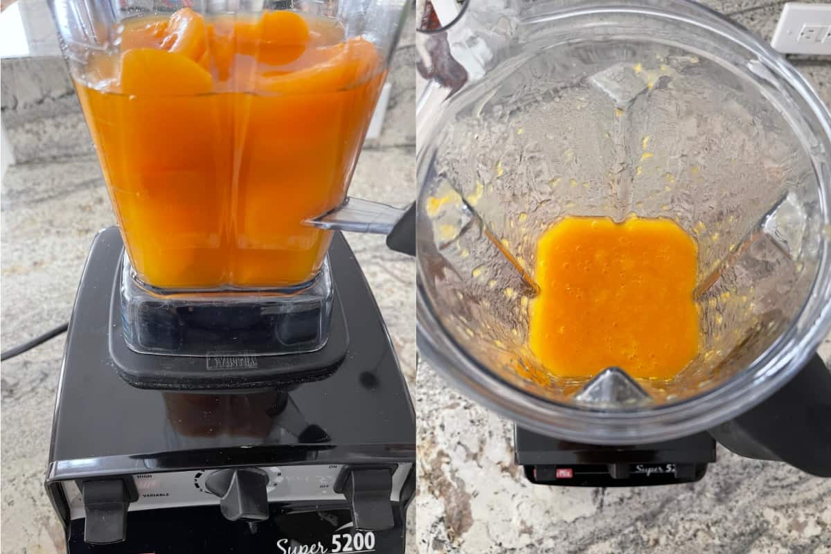 Unblended and blended apricot halves, side by side.