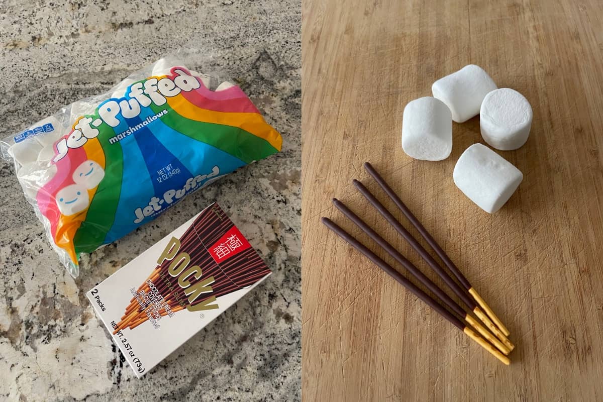 Package of Jet-Puffed Marshmallows with package of Chocolate Pocky next to 4 marshmallows and 4 chocolate pocky sticks on wood cutting board.