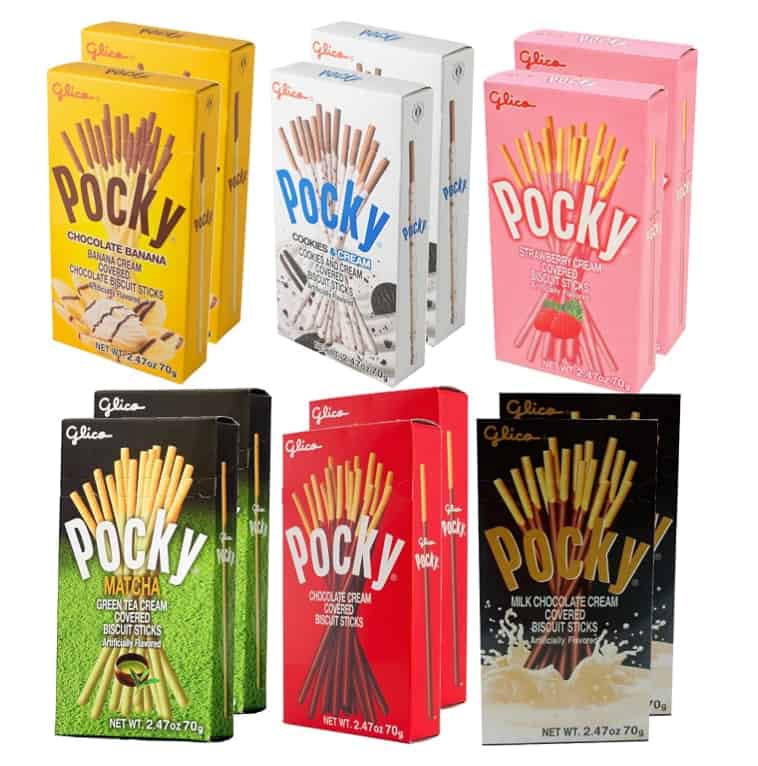 A variety of Pocky stick packages of different flavors including chocolate banana, cookies and cream, strawberry, matcha and chocolate.