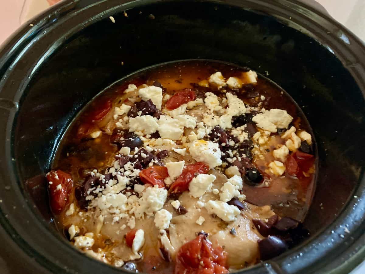 Greek Chicken with Feta Cheese & Tomatoes in Black Crock Pot