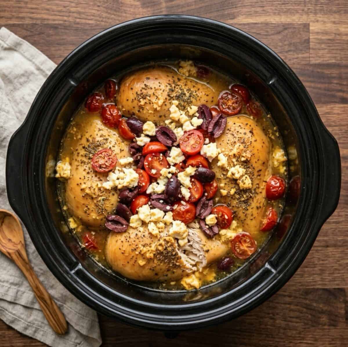 Slow Cooker Greek Chicken with tomatoes, Kalamata olives and feta cheese in black crock pot.