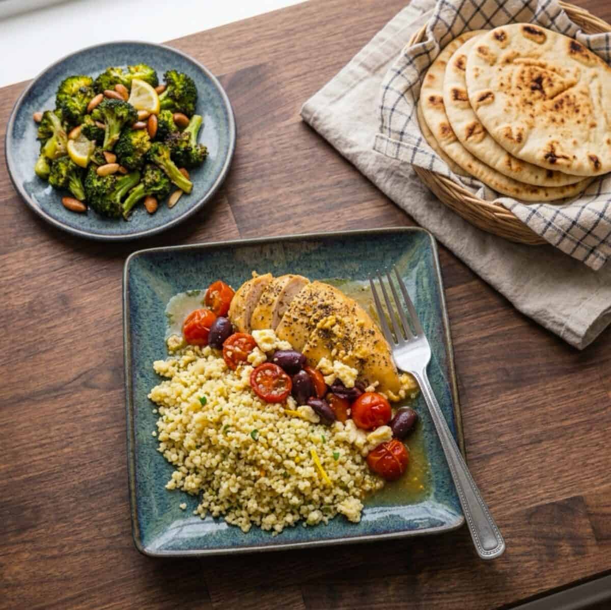 Slow cooker Greek chicken on plate with couscous, a side of roasted broccoli and pita bread in a basket.