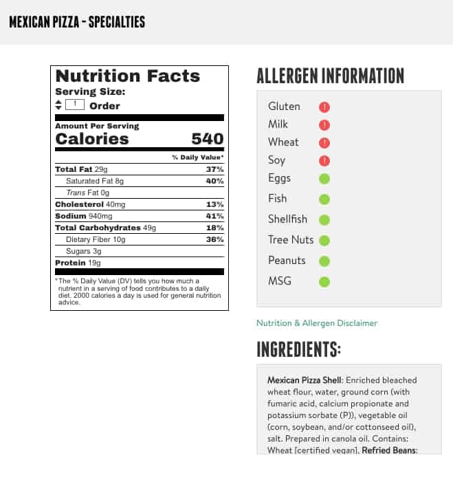 Taco Bell's Mexican Pizza Διατροφικές πληροφορίες με θερμίδες, λιπαρά, υδατάνθρακες, πρωτεΐνες και νάτριο.