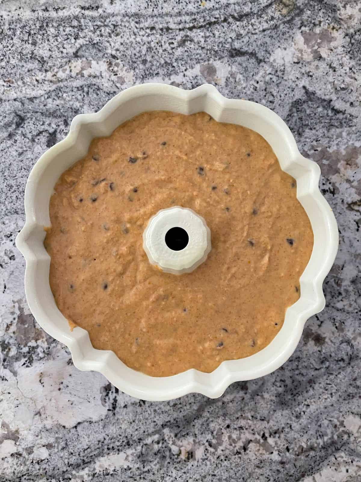Unbaked pumpkin chocolate chip cake batter in mini bundt pan.