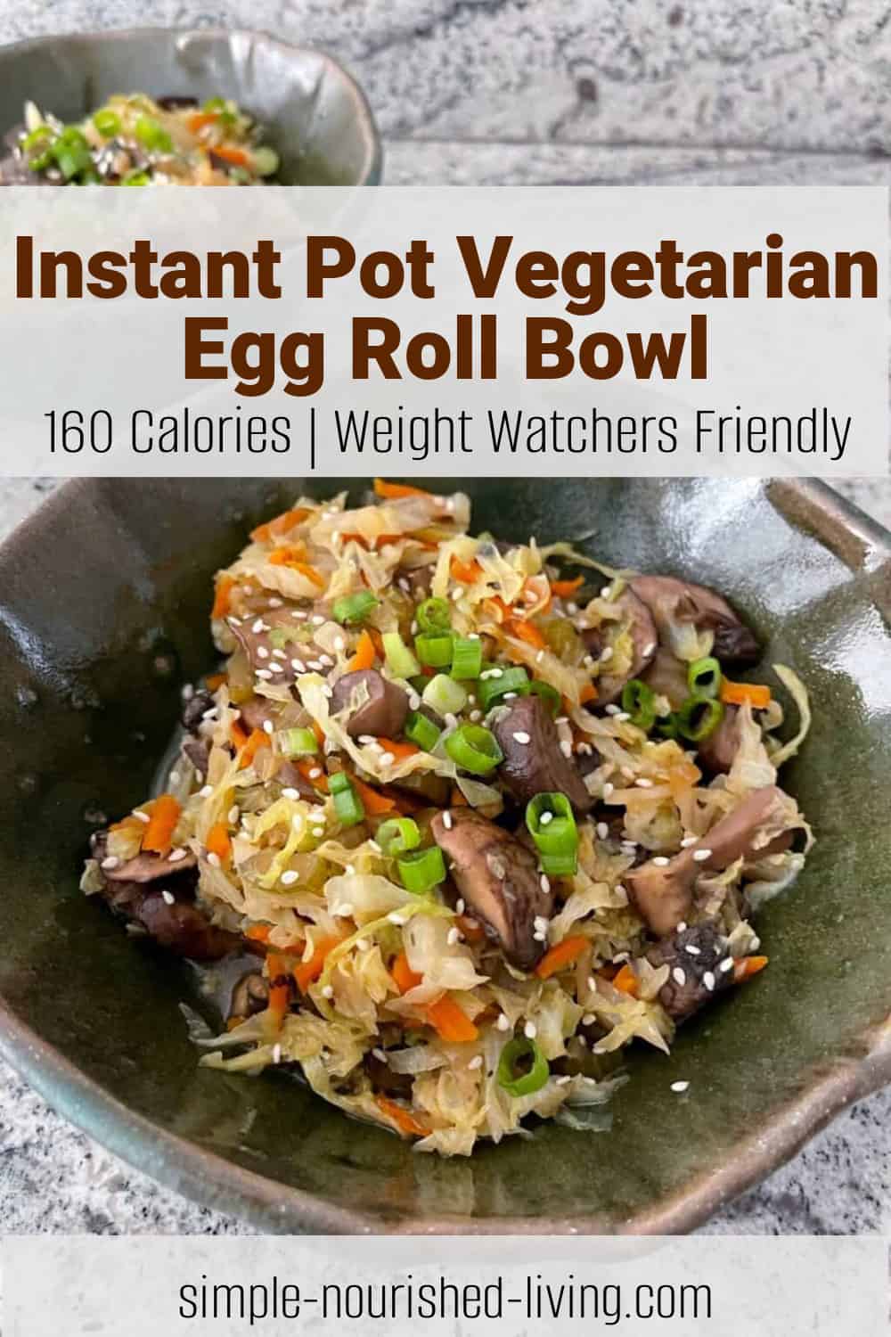 pottery bowl with vegetarian egg roll bowl mixture with description text for pinterest pin