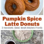 four baked pumpkin spice latte donuts plate; pumpkin puree, cake mix, coffee; with title text