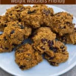 pumpkin quinoa cookies stacked on round white plate with text boxes for pinterest pin