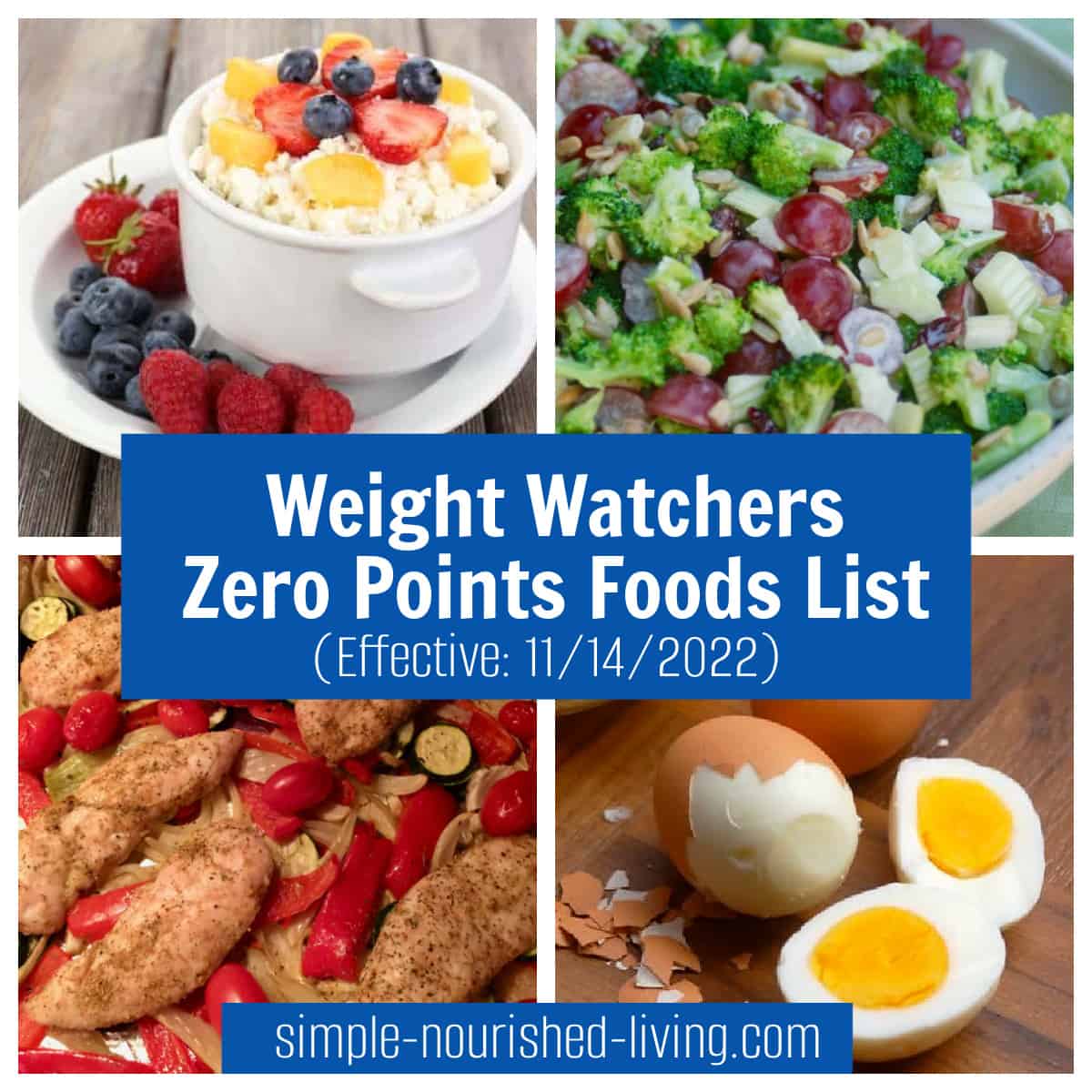 κολάζ φαγητού cottage cheese, μπρόκολο σαλάτα, κοτόπουλο, αυγά με επικάλυψη κειμένου WW Zero Points Foods List